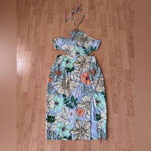 Lulus Sz L Blue Summer Halter Tie Back Midi Dress Floral Summer Vacation Party